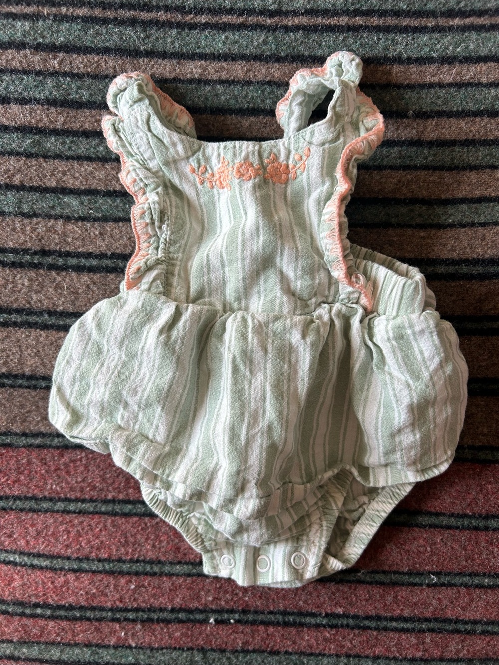 Carter's Mint Green Striped Ruffle Romper with Peach Embroidery